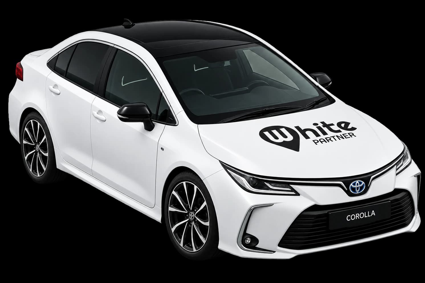 White Toyota Corolla Hybrid with White Partner branding on the hood